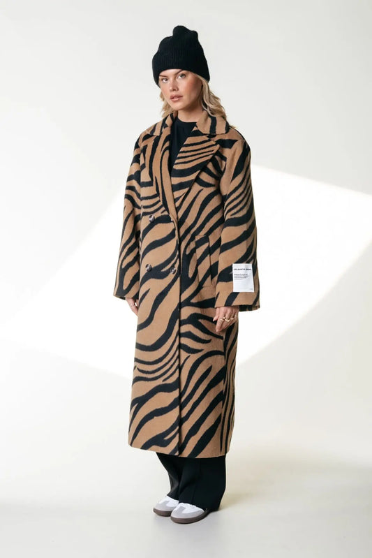 Zania Zebra Double Breasted Wool Long Coat Colourful Rebel